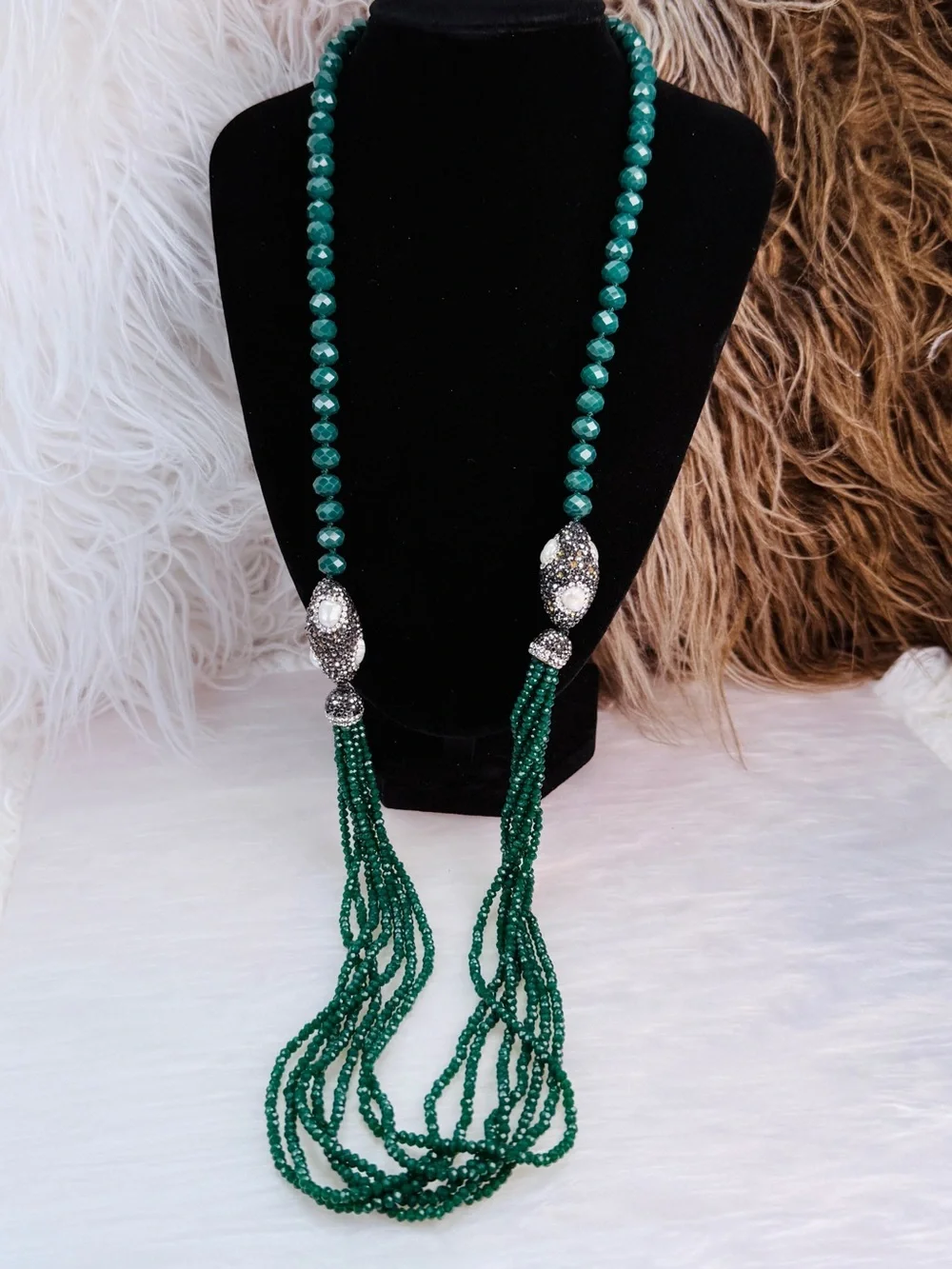 Emerald Green Multi Strand Faceted Bead Ornate Slip On Statement Necklace